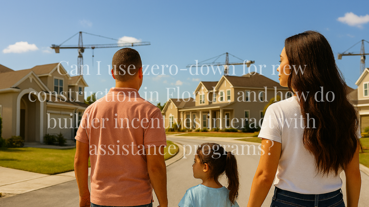 Can I use zero-down for new construction in Florida, and how do builder incentives interact with assistance programs?
