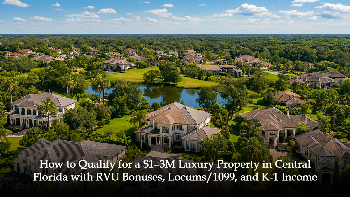 How to Qualify for a $1–3M Luxury Property in Central Florida with RVU Bonuses, Locums/1099, and K-1 Income