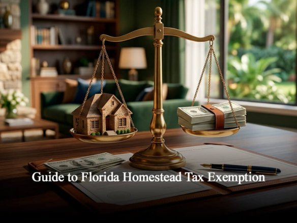 Real estate documents, house model, and golden scales representing the Florida Homestead Tax Exemption and property tax savings in Central Florida.