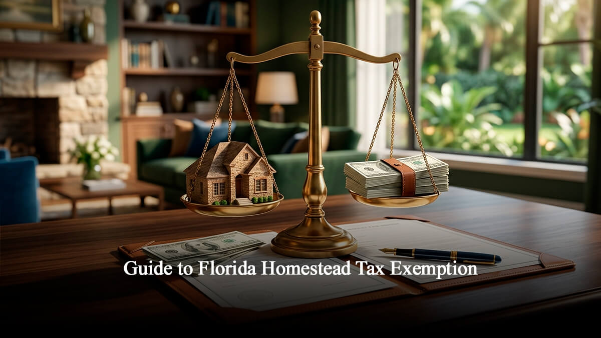 Real estate documents, house model, and golden scales representing the Florida Homestead Tax Exemption and property tax savings in Central Florida.