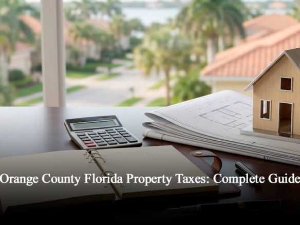 Model home, calculator, and real estate documents on a desk illustrating Orange County Florida property tax planning and Central Florida real estate investments.