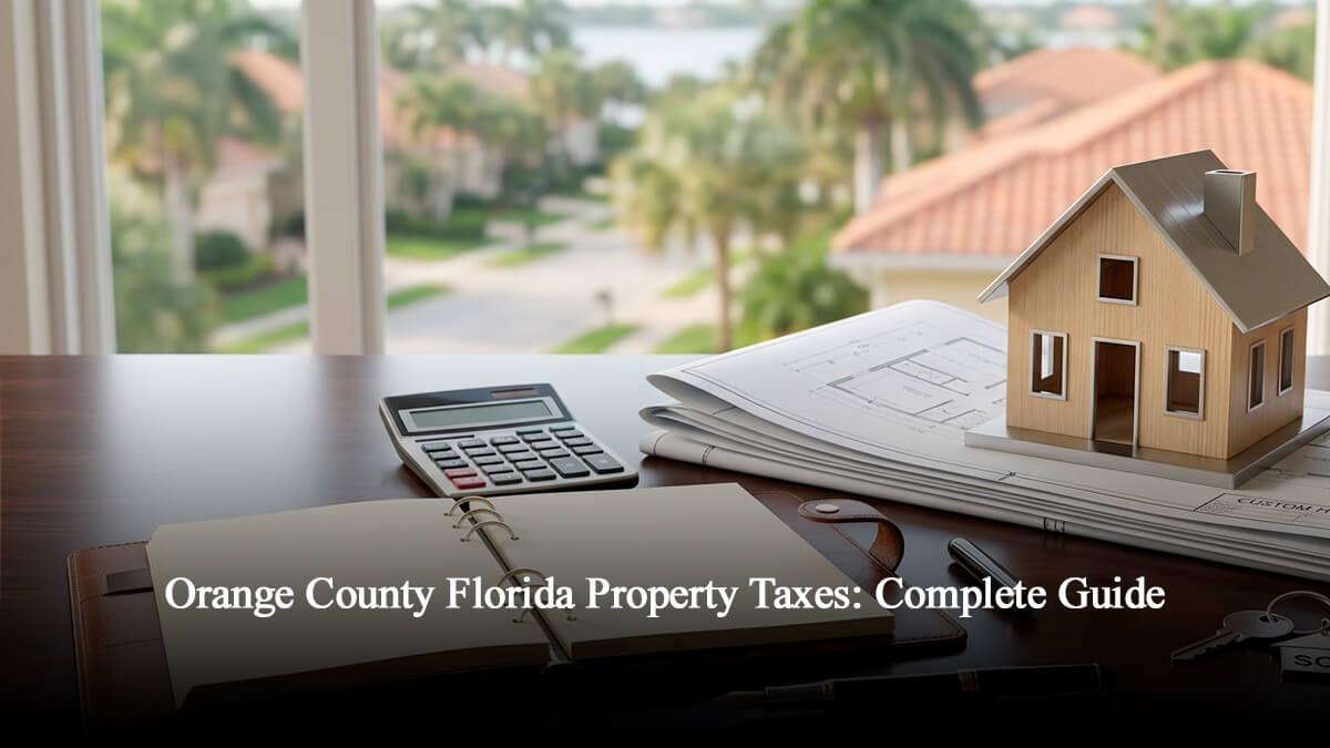 Model home, calculator, and real estate documents on a desk illustrating Orange County Florida property tax planning and Central Florida real estate investments.