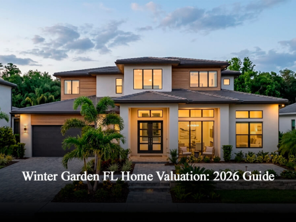 Modern luxury residential home in Winter Garden, Central Florida, featuring contemporary architectural design, professional landscaping, and paved driveway for a 2026 real estate property valuation.