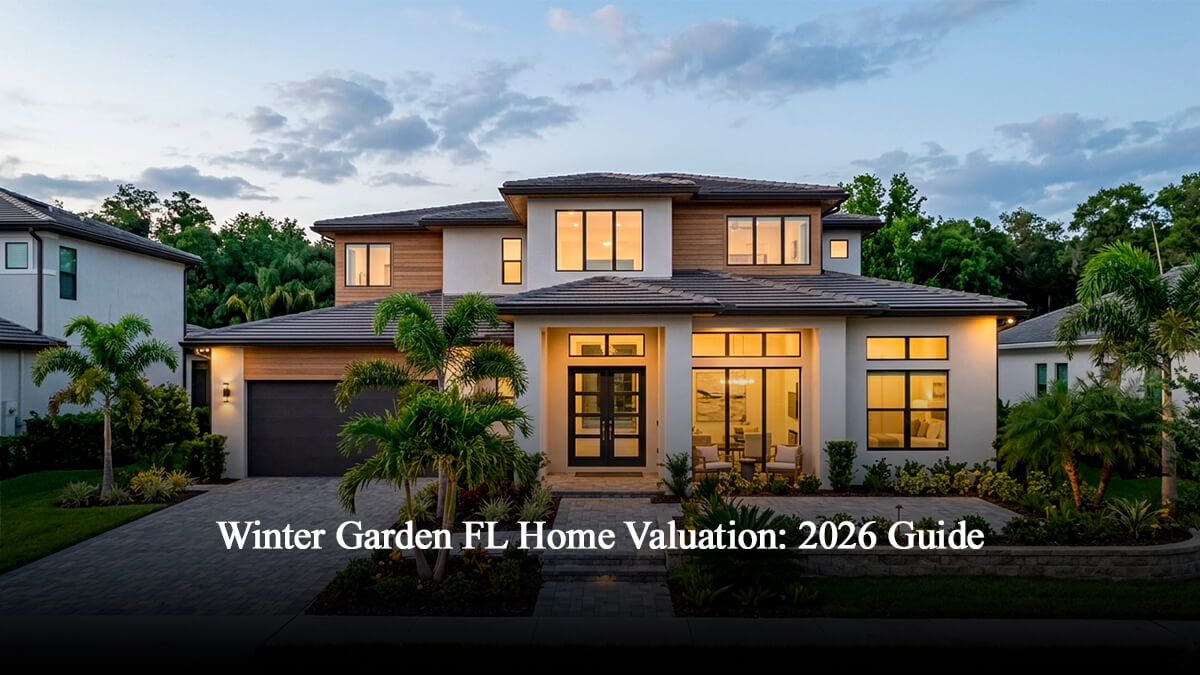 Modern luxury residential home in Winter Garden, Central Florida, featuring contemporary architectural design, professional landscaping, and paved driveway for a 2026 real estate property valuation.