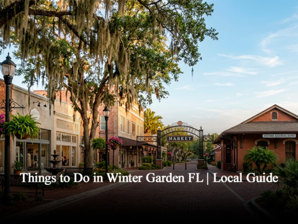 Historic Downtown Winter Garden brick street view featuring Plant Street Market entrance signs, old railroad depot museum, and majestic oak trees with Spanish moss in Central Florida.