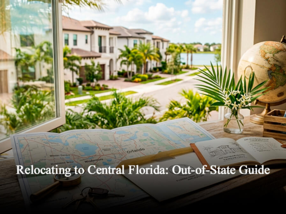 A professional relocation planning desk by an open window overlooking a luxury Central Florida neighborhood, featuring an Orlando real estate map with markers for Winter Garden and Windermere, house keys, and a Florida moving guide.