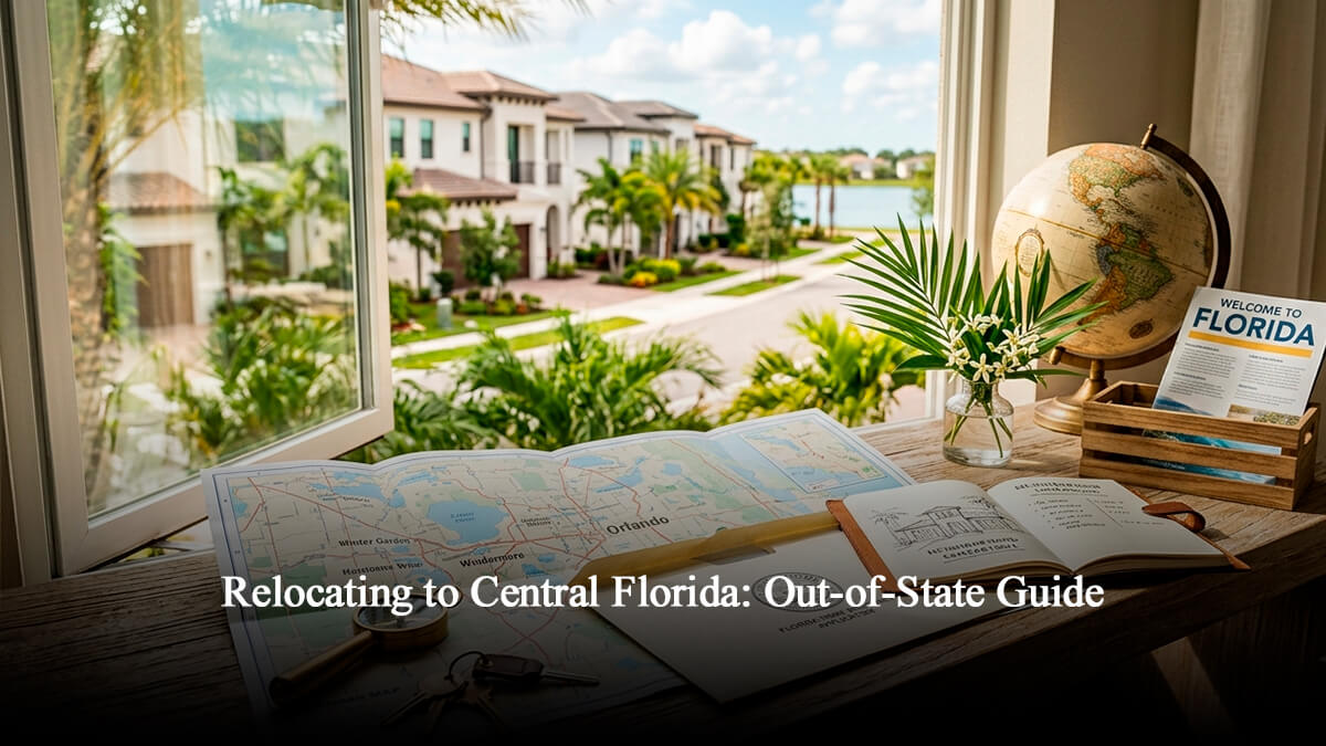 A professional relocation planning desk by an open window overlooking a luxury Central Florida neighborhood, featuring an Orlando real estate map with markers for Winter Garden and Windermere, house keys, and a Florida moving guide.