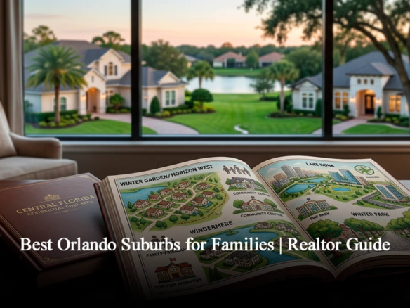 Open realtor guide blueprint map showcasing top family-friendly neighborhoods in Central Florida including Winter Garden, Horizon West, Windermere, Lake Nona, and Winter Park on a luxury office desk with a window view of an Orlando upscale suburb.