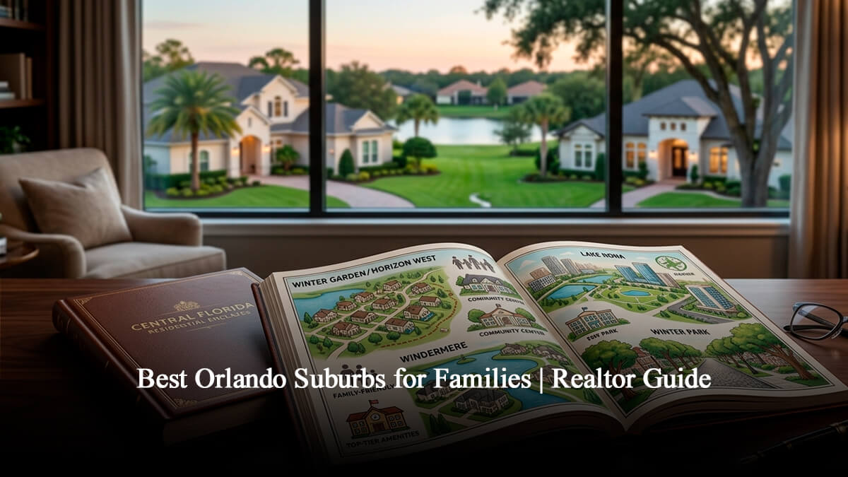 Open realtor guide blueprint map showcasing top family-friendly neighborhoods in Central Florida including Winter Garden, Horizon West, Windermere, Lake Nona, and Winter Park on a luxury office desk with a window view of an Orlando upscale suburb.