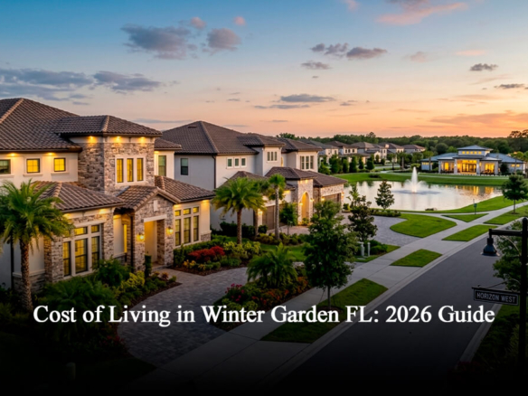 Modern luxury homes in Horizon West, Winter Garden FL neighborhood at sunset, showing upscale real estate and community landscape.