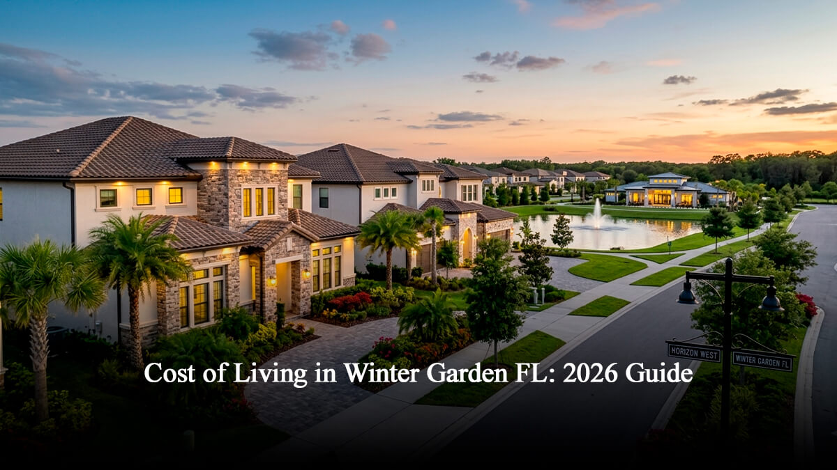 Modern luxury homes in Horizon West, Winter Garden FL neighborhood at sunset, showing upscale real estate and community landscape.