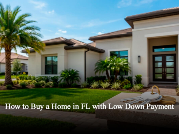 Modern suburban home front exterior in Central Florida under a blue sky, representing affordable real estate and low down payment home buying options in Florida.