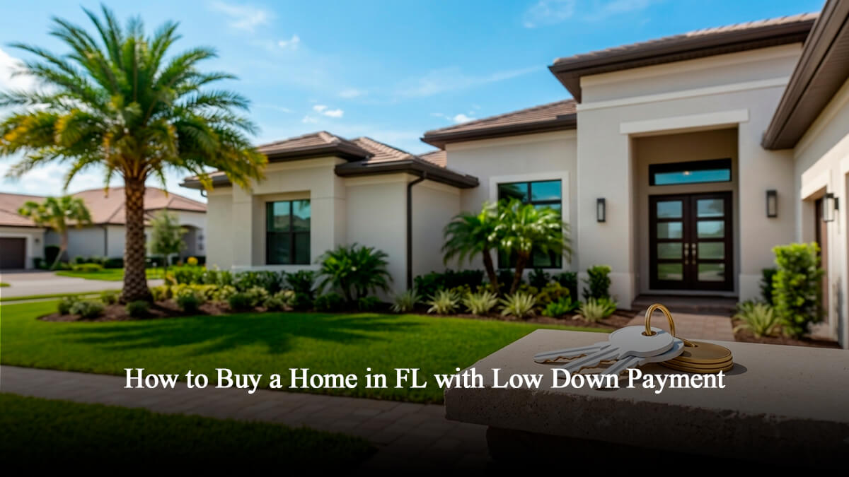 Modern suburban home front exterior in Central Florida under a blue sky, representing affordable real estate and low down payment home buying options in Florida.