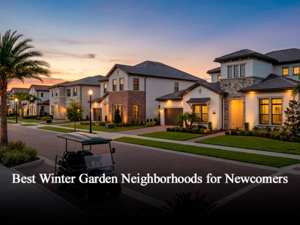 Luxury real estate in a Winter Garden FL neighborhood featuring modern craftsman architecture, brick-paved streets, a parked golf cart, and palm trees during sunset.