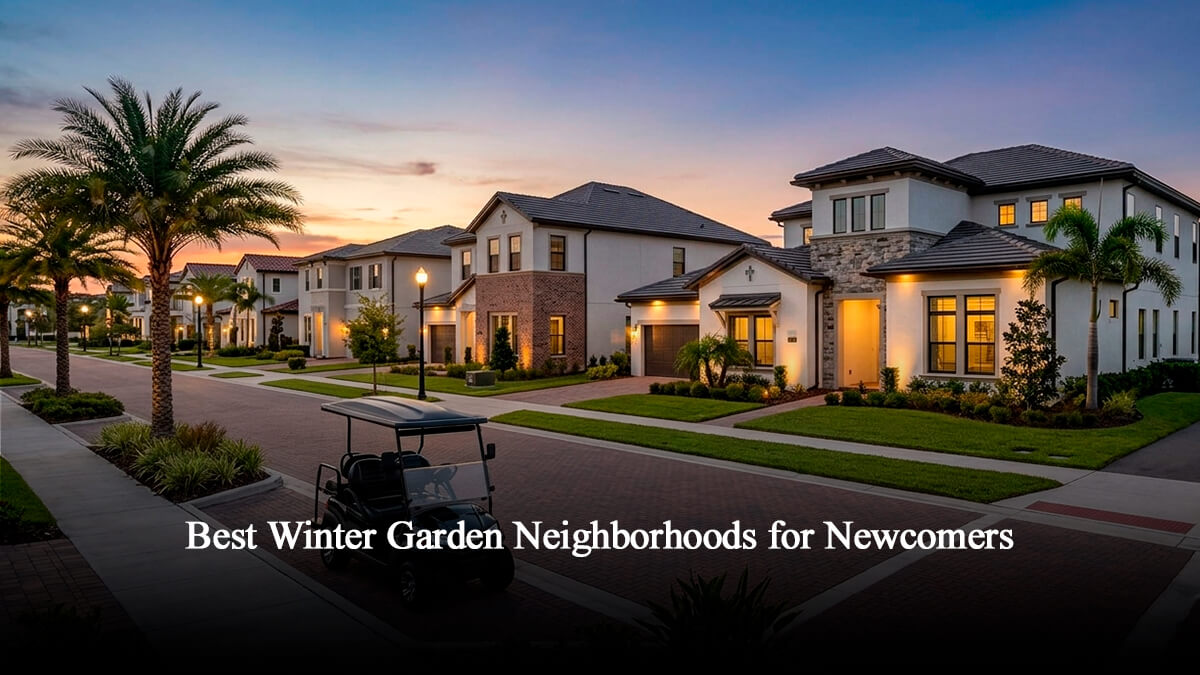 Luxury real estate in a Winter Garden FL neighborhood featuring modern craftsman architecture, brick-paved streets, a parked golf cart, and palm trees during sunset.