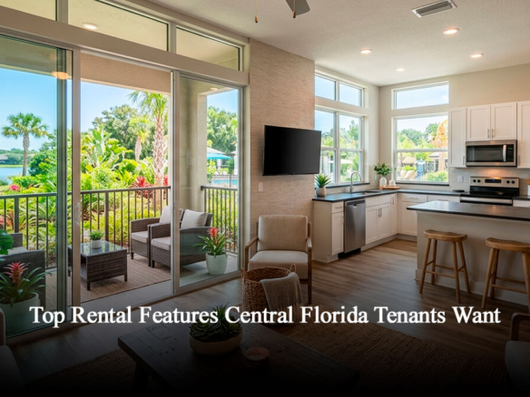 Modern Central Florida rental apartment with an open-concept design, fully equipped kitchen, bright living room, and a private balcony overlooking tropical palm trees.