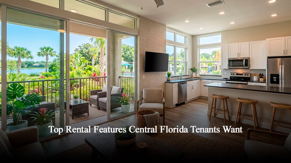 Modern Central Florida rental apartment with an open-concept design, fully equipped kitchen, bright living room, and a private balcony overlooking tropical palm trees.