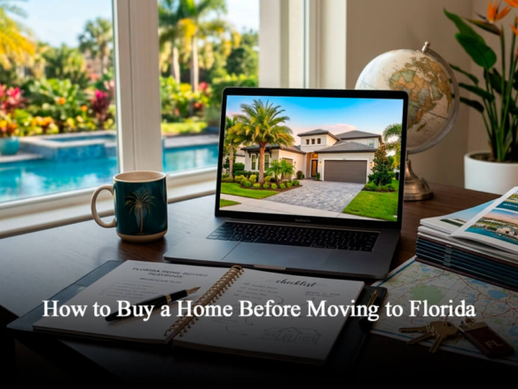 Professional home office desk setup with a laptop displaying a luxury Florida property, map of Central Florida, and home buying checklist for out-of-state relocation.