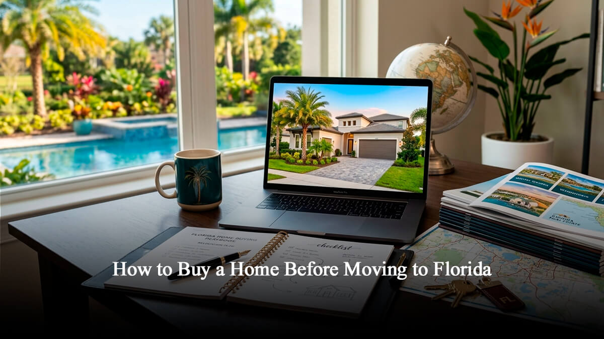 Professional home office desk setup with a laptop displaying a luxury Florida property, map of Central Florida, and home buying checklist for out-of-state relocation.