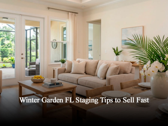 Professionally staged open-concept living and dining room in a Winter Garden FL luxury home for sale, featuring bright natural lighting, neutral decor, and a view of a Florida screened lanai patio.