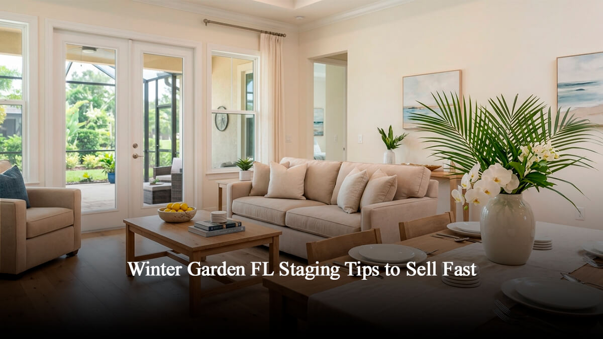 Professionally staged open-concept living and dining room in a Winter Garden FL luxury home for sale, featuring bright natural lighting, neutral decor, and a view of a Florida screened lanai patio.