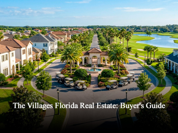 High-end move-in ready homes for sale in The Villages Florida real estate market featuring luxury community landscaping, golf carts, and scenic golf course lake views.