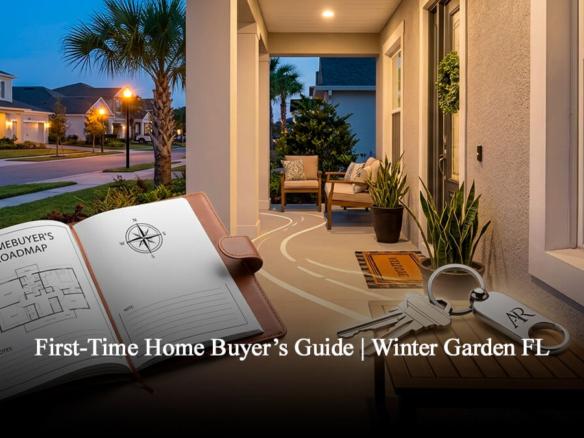 Modern home for sale in Winter Garden FL 34787, featuring a professional buyer roadmap guide and house keys on a front porch at sunset—perfect for a First-Time Home Buyer.