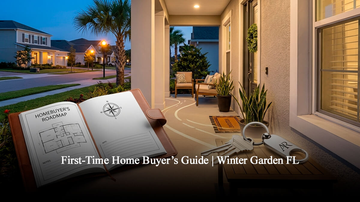 Modern home for sale in Winter Garden FL 34787, featuring a professional buyer roadmap guide and house keys on a front porch at sunset—perfect for a First-Time Home Buyer.