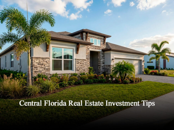 Modern single-family home in a luxury master-planned community in Central Florida, featuring contemporary stone architecture, manicured green lawns, and tropical palm trees under a bright blue sky—ideal for long-term real estate investment.