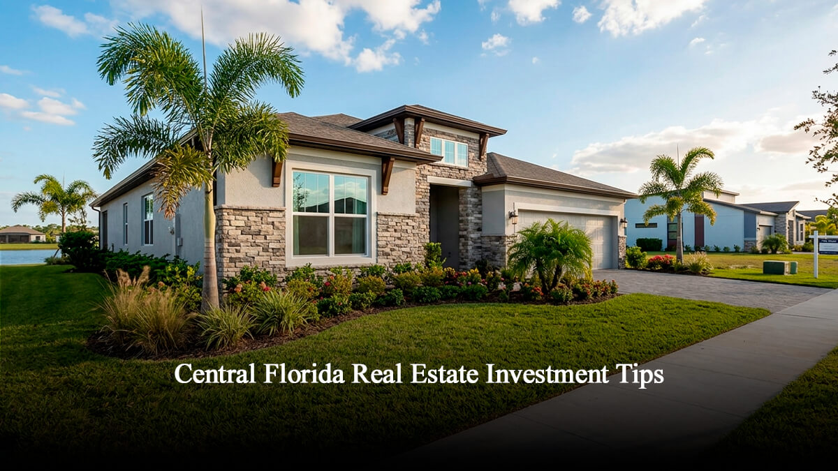Modern single-family home in a luxury master-planned community in Central Florida, featuring contemporary stone architecture, manicured green lawns, and tropical palm trees under a bright blue sky—ideal for long-term real estate investment.