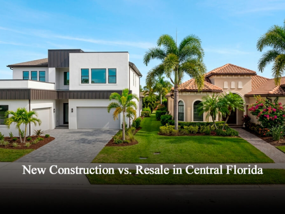 Side-by-side comparison of a modern new construction home for sale and an established traditional resale estate in a luxury Central Florida neighborhood.