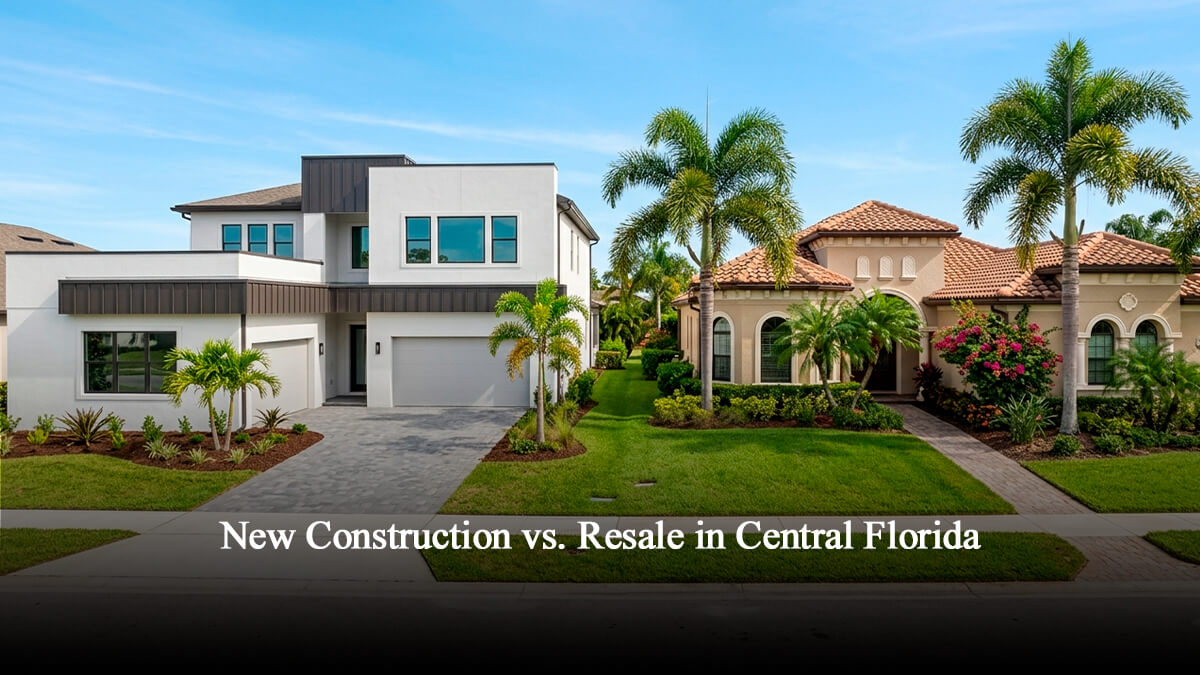 Side-by-side comparison of a modern new construction home for sale and an established traditional resale estate in a luxury Central Florida neighborhood.