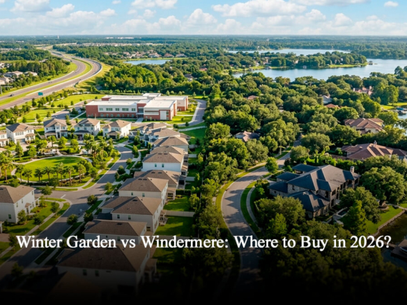 Aerial view comparing premium master-planned Winter Garden homes for sale with exclusive luxury waterfront real estate near Windermere Florida and the Windermere Golf Club.