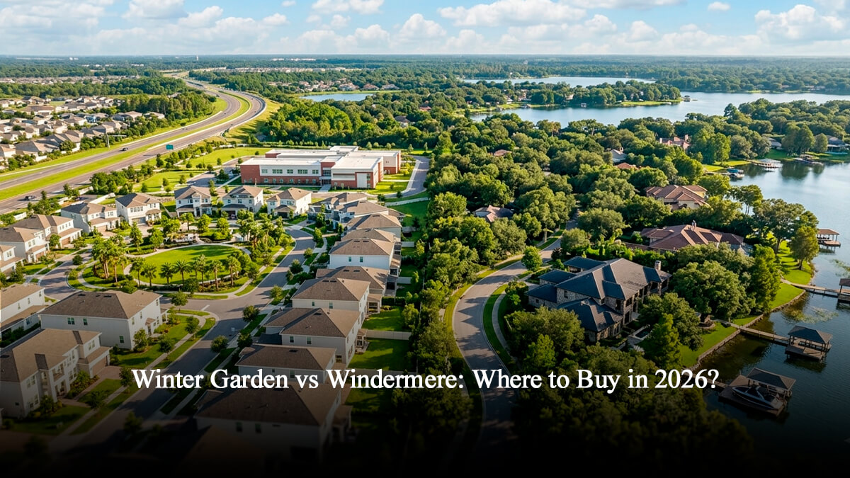 Aerial view comparing premium master-planned Winter Garden homes for sale with exclusive luxury waterfront real estate near Windermere Florida and the Windermere Golf Club.