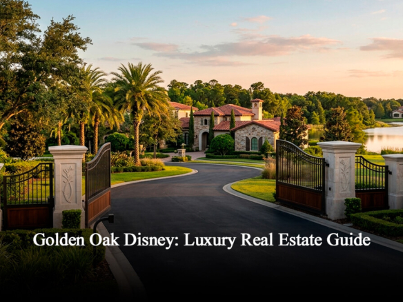 Luxury golden oak disney homes for sale featuring a grand gated community entrance with Tuscan-style custom estates, private driveway, and scenic lake views in golden oak florida.