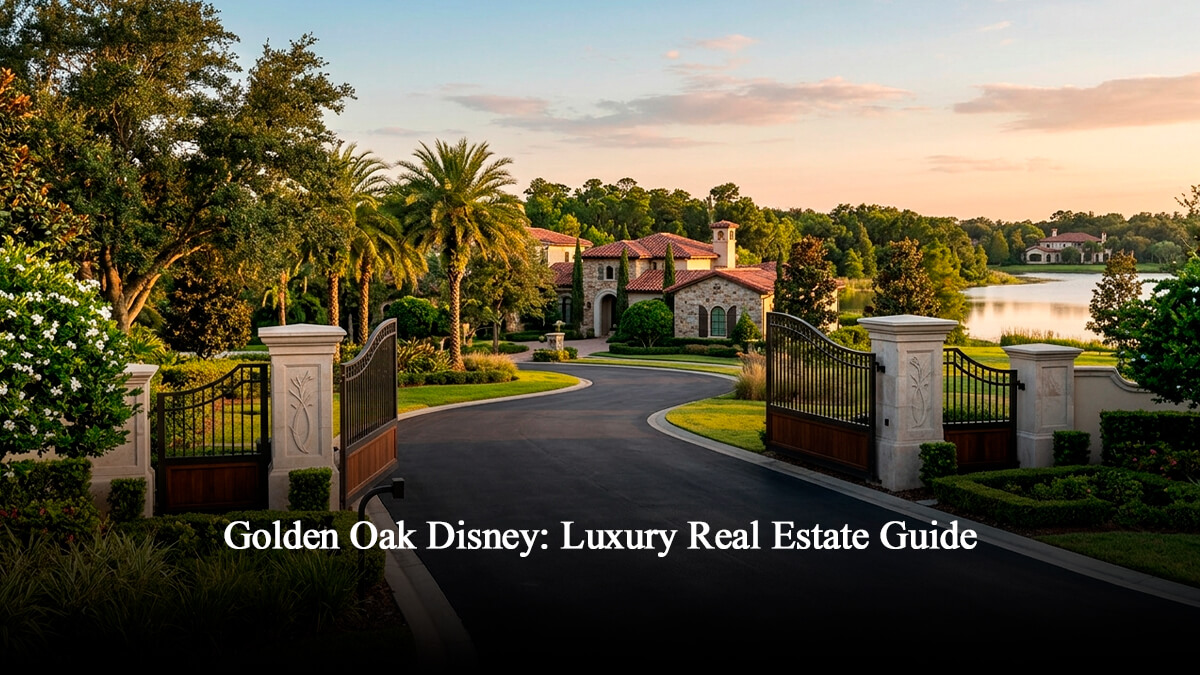 Luxury golden oak disney homes for sale featuring a grand gated community entrance with Tuscan-style custom estates, private driveway, and scenic lake views in golden oak florida.
