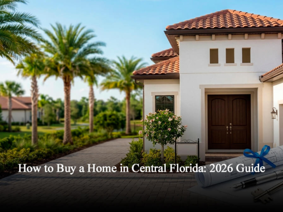 Modern luxury home for sale in Central Florida with Mediterranean-style architecture, palm trees, a brick paved driveway, and real estate closing documents with a house key indicating homes to buy in orlando.