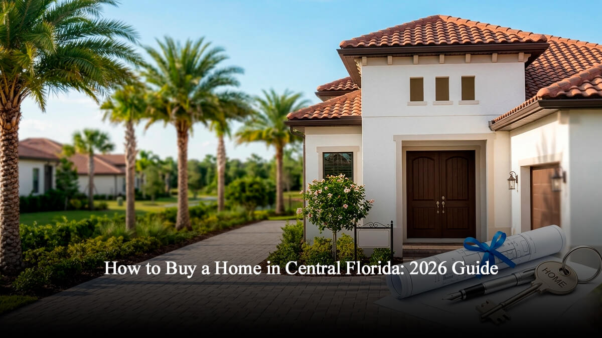 Modern luxury home for sale in Central Florida with Mediterranean-style architecture, palm trees, a brick paved driveway, and real estate closing documents with a house key indicating homes to buy in orlando.
