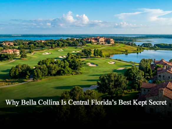 Aerial view of Bella Collina luxury gated community in Montverde Central Florida showing Tuscan style golf villas, championship golf course fairways, and a scenic lake background.