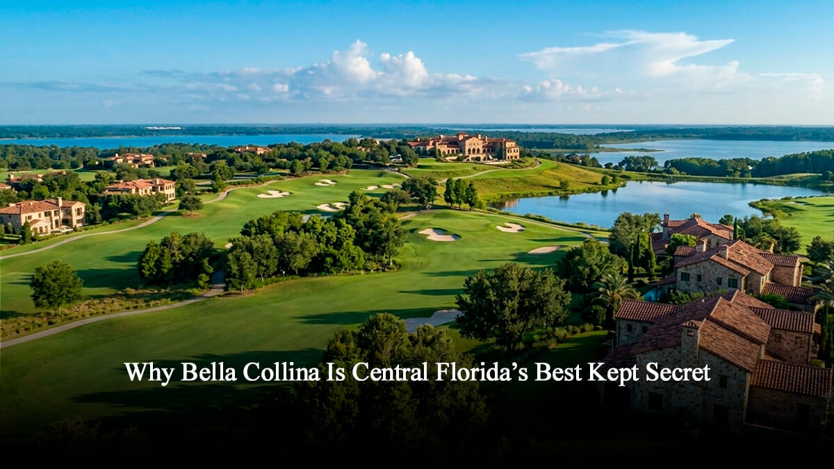 Aerial view of Bella Collina luxury gated community in Montverde Central Florida showing Tuscan style golf villas, championship golf course fairways, and a scenic lake background.