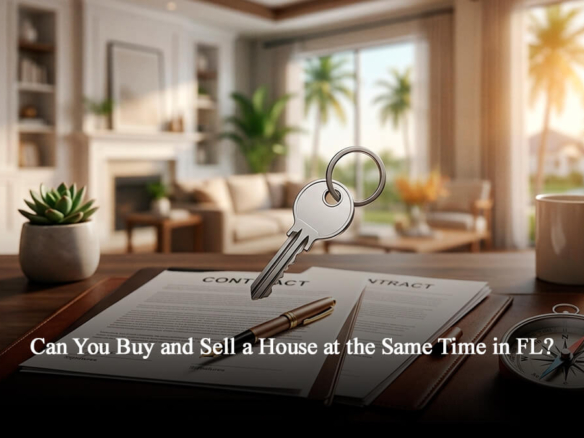 Two home purchase contracts on a desk with a house key, a pen, and a compass, with a bright, upscale Florida home and palm trees visible in the background.