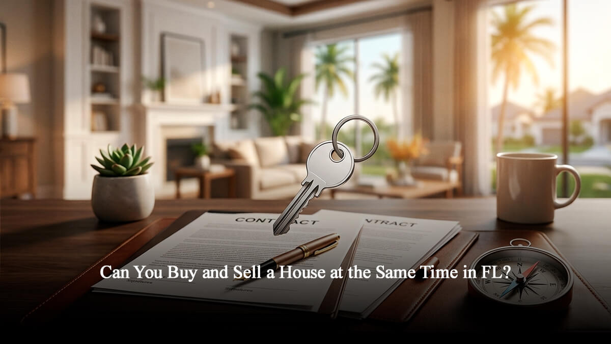 Two home purchase contracts on a desk with a house key, a pen, and a compass, with a bright, upscale Florida home and palm trees visible in the background.