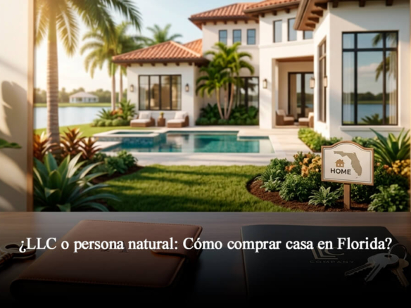 Escritorio de negocios con documentos de LLC y casa de lujo en Florida Central al fondo, representando la compra a nombre personal o corporativo.