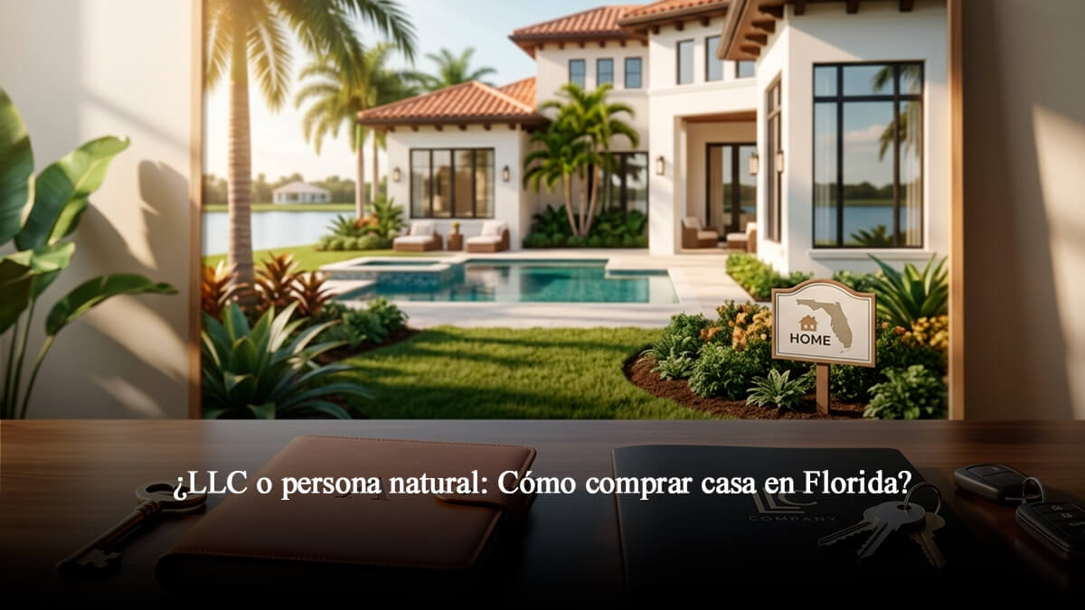 Escritorio de negocios con documentos de LLC y casa de lujo en Florida Central al fondo, representando la compra a nombre personal o corporativo.