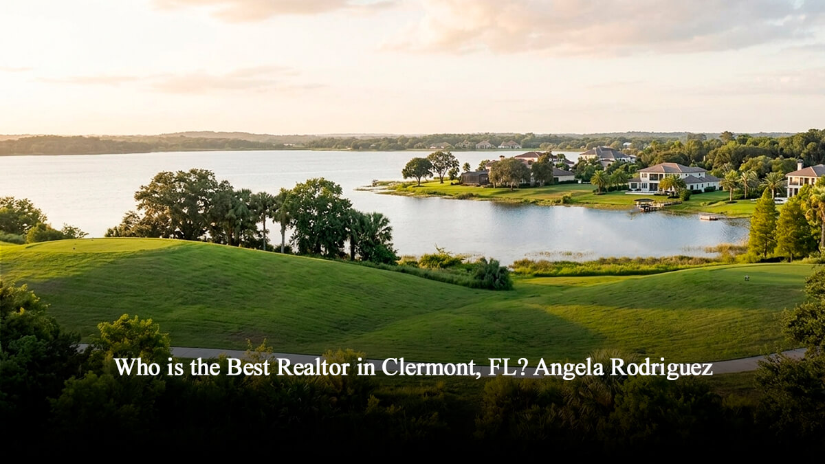 Panoramic view of Clermont, Florida, showing luxury lakeside homes and green hills, representing the real estate market served by Realtor Angela Rodriguez.