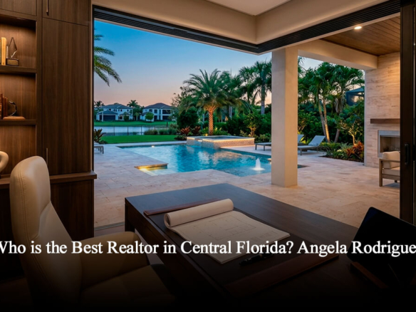 Una toma profesional de un escritorio de oficina en una casa de lujo en Central Florida, con planos de construcción, una pluma de lujo y una tableta digital, con vistas a una piscina privada y un paisaje exuberante.