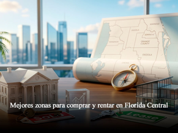 Mapa conceptual de bienes raíces en Florida Central con maquetas de casas, contratos de alquiler y compraventa sobre escritorio ejecutivo en Orlando.
