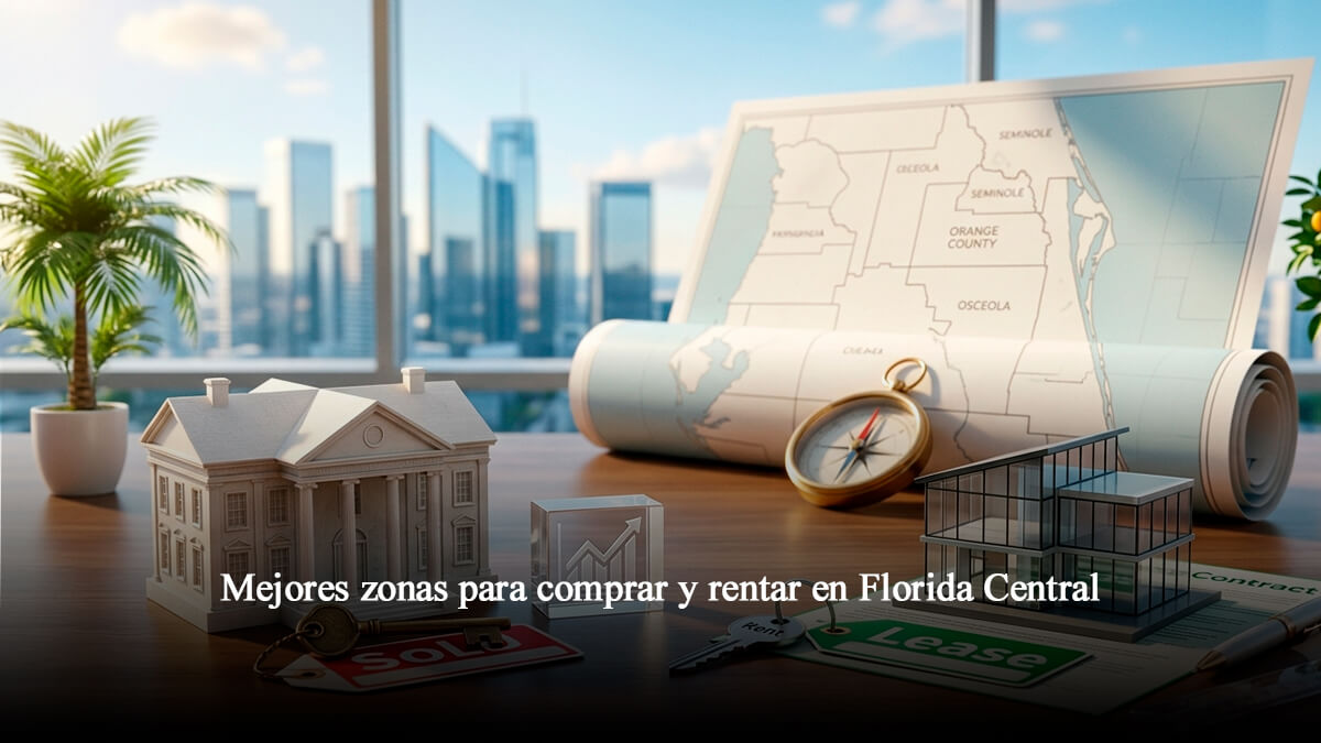 Mapa conceptual de bienes raíces en Florida Central con maquetas de casas, contratos de alquiler y compraventa sobre escritorio ejecutivo en Orlando.
