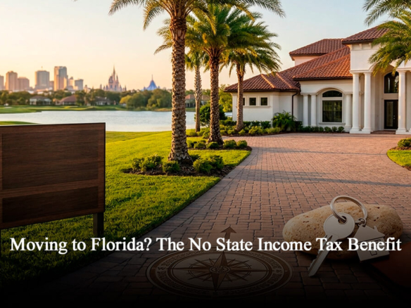 Luxury home in Winter Garden Florida with palm trees and golf course view representing Central Florida real estate relocation and the tax benefits of moving to Florida.
