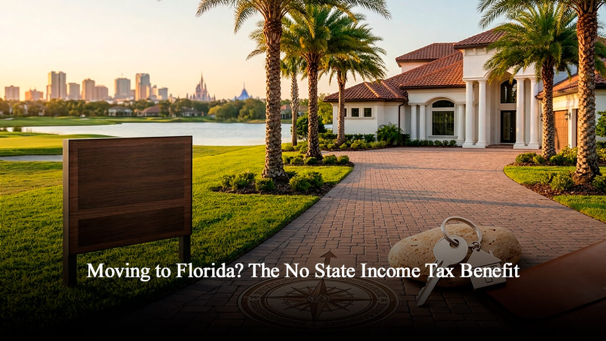 Luxury home in Winter Garden Florida with palm trees and golf course view representing Central Florida real estate relocation and the tax benefits of moving to Florida.